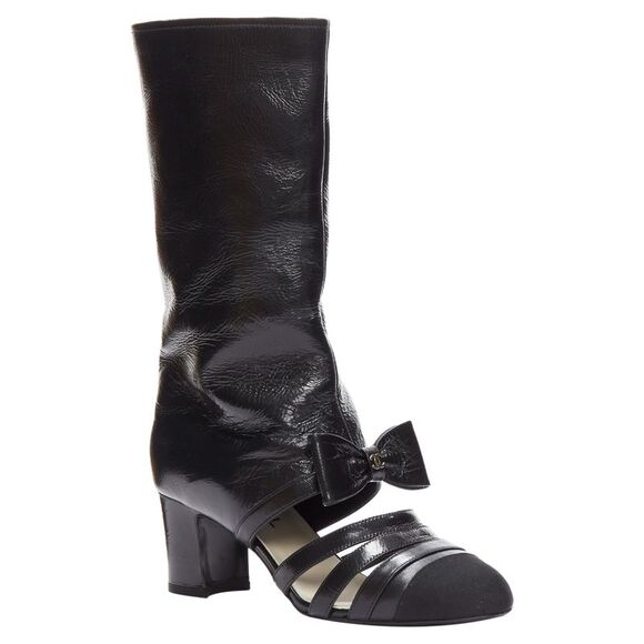 CHANEL Shoes - Chanel silver CC bow leather cut out boots